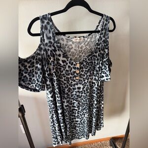 LARA Black and Bluish Leopard Print Cold Shoulder Buttoned Top